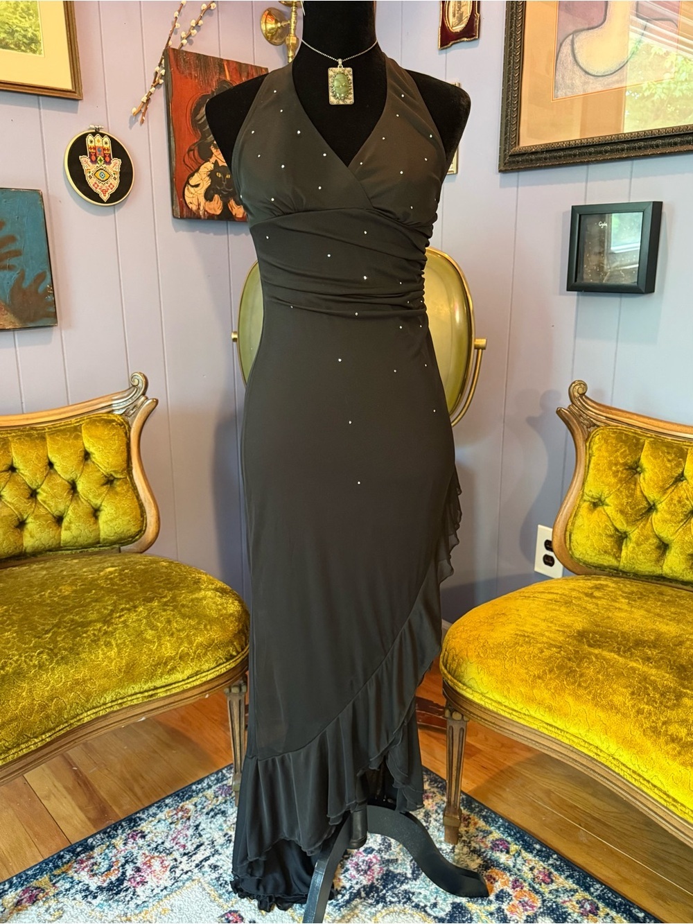 Vintage Y2K Rampage Asymmetrical Ruffle Hem Halter Scattered Rhinestone Dress